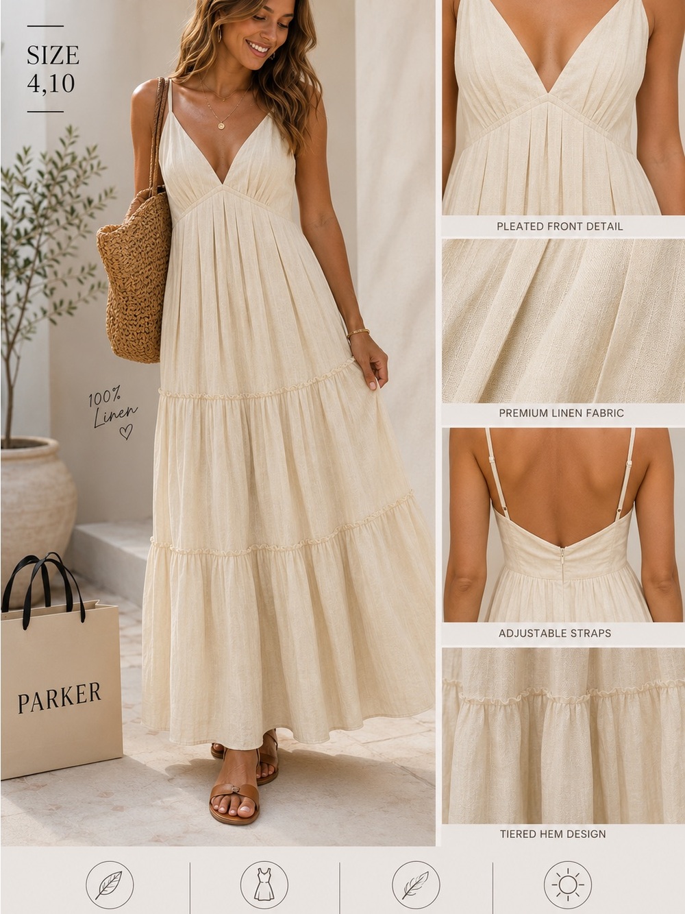 Parker Cream V-Neck Tiered Linen Maxi Dress